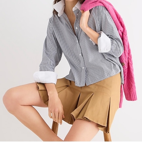 J. Crew Tops - J. Crew | Relaxed-fit Cropped Cotton Poplin Shirt in Stripe Navy Size 6